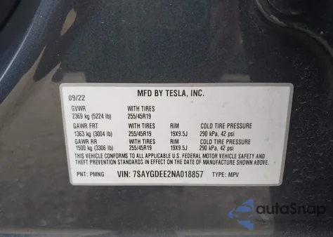 2022 Tesla Model Y Long Range Dual Motor All-Wheel Drive z USA, uszkodzony, nr VIN 7SAYGDEE2NA018857